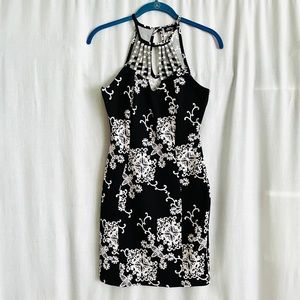 Bodycon mini dress. Size S. Black white with rhinestones. Floral print.